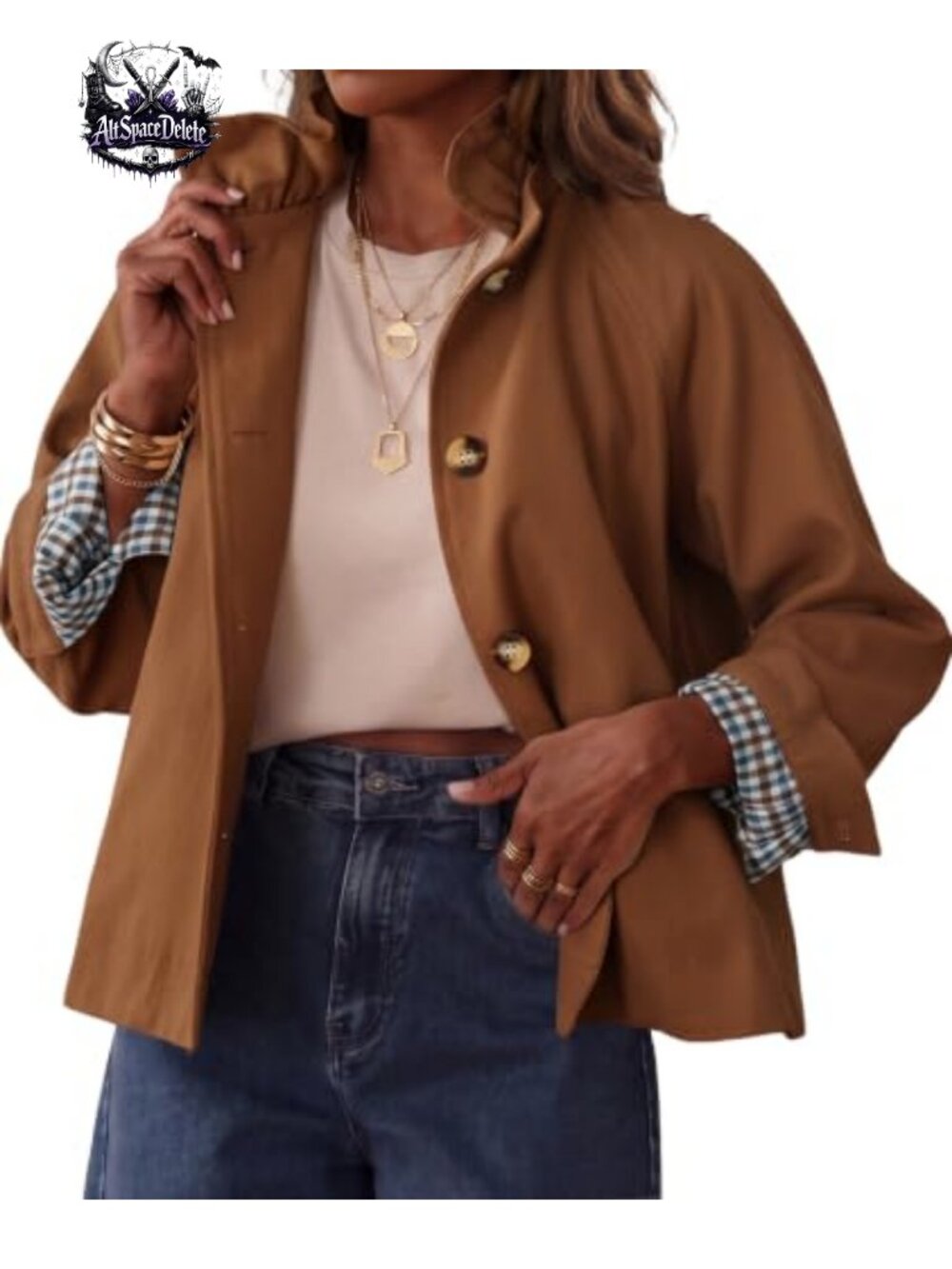 Ruffle Trench Coat Cropped Jacket Plaid Cuff Button Front Women's